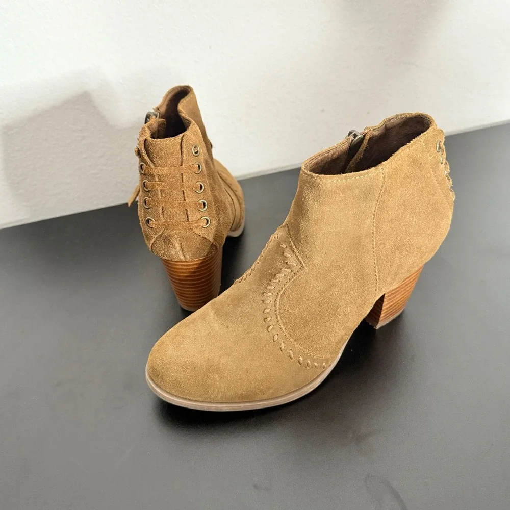 Minnetonka Suede Lace Up Ankle Boots Size 6 Brown‎ Western Stitched Cowgirl BOHO